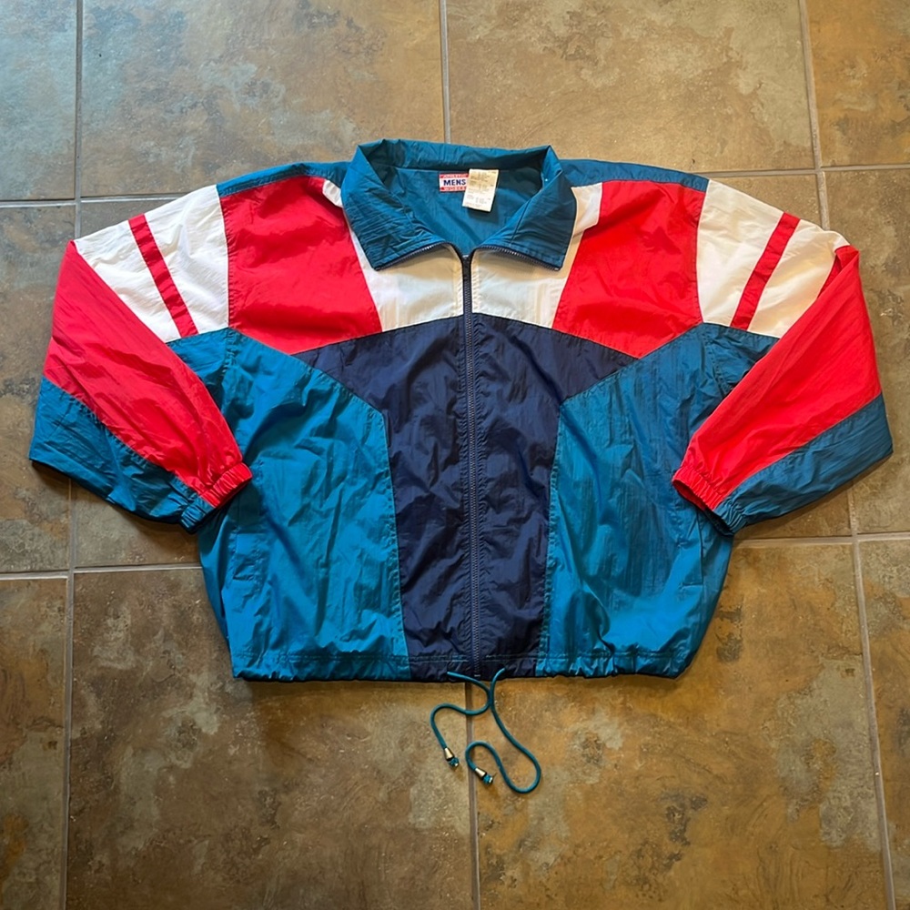 Vintage 90s lined multicolor windbreaker, authentic mens works brand, light wear